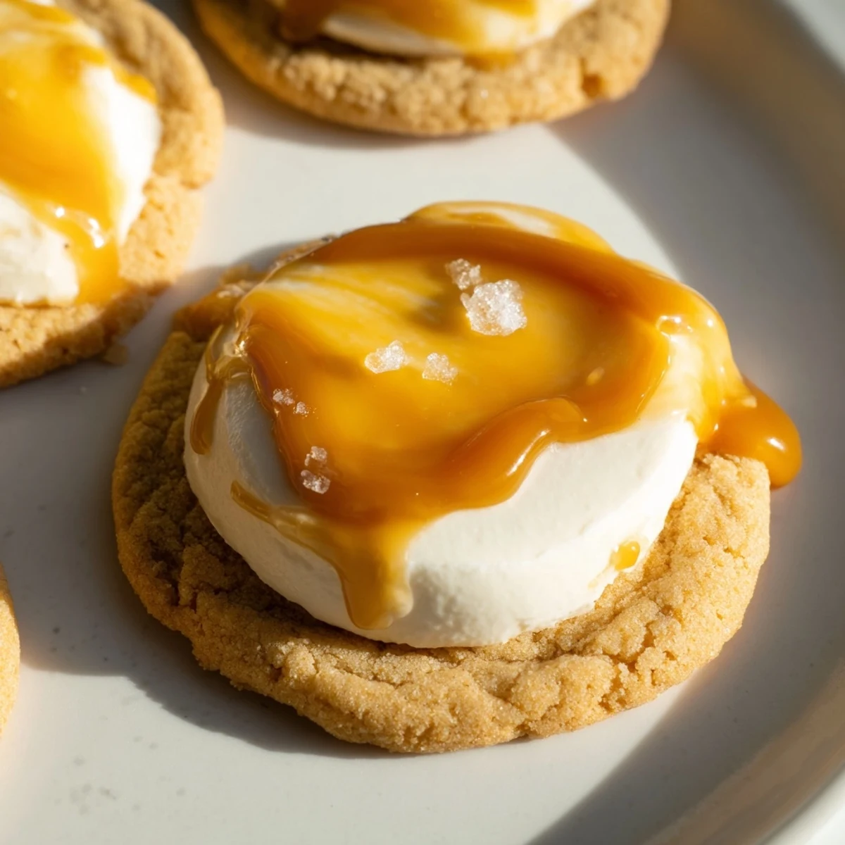 Creamy caramel cheesecake cookies nestled on parchment with luscious swirl topping