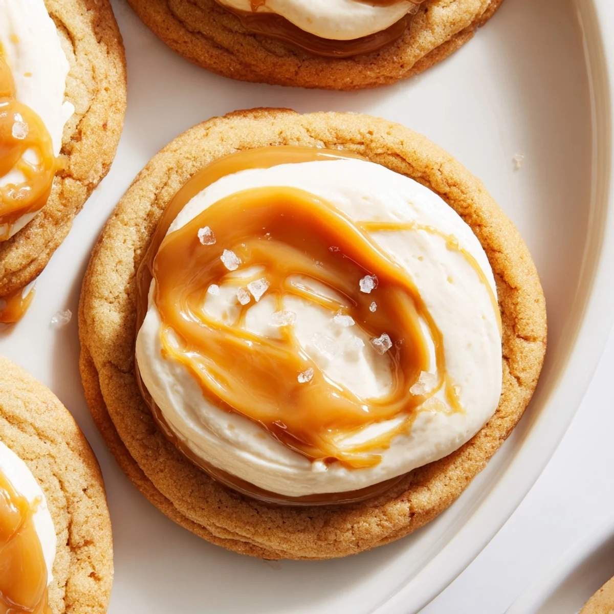 Golden-baked caramel cheesecake cookies topped with rich melted caramel and creamy centers