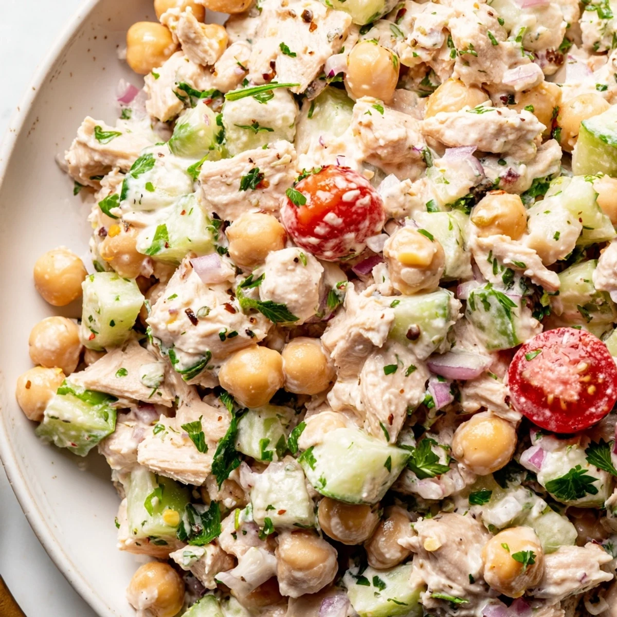 Creamy tuna chickpea cucumber salad served in a rustic bowl with fresh parsley sprinkled on top