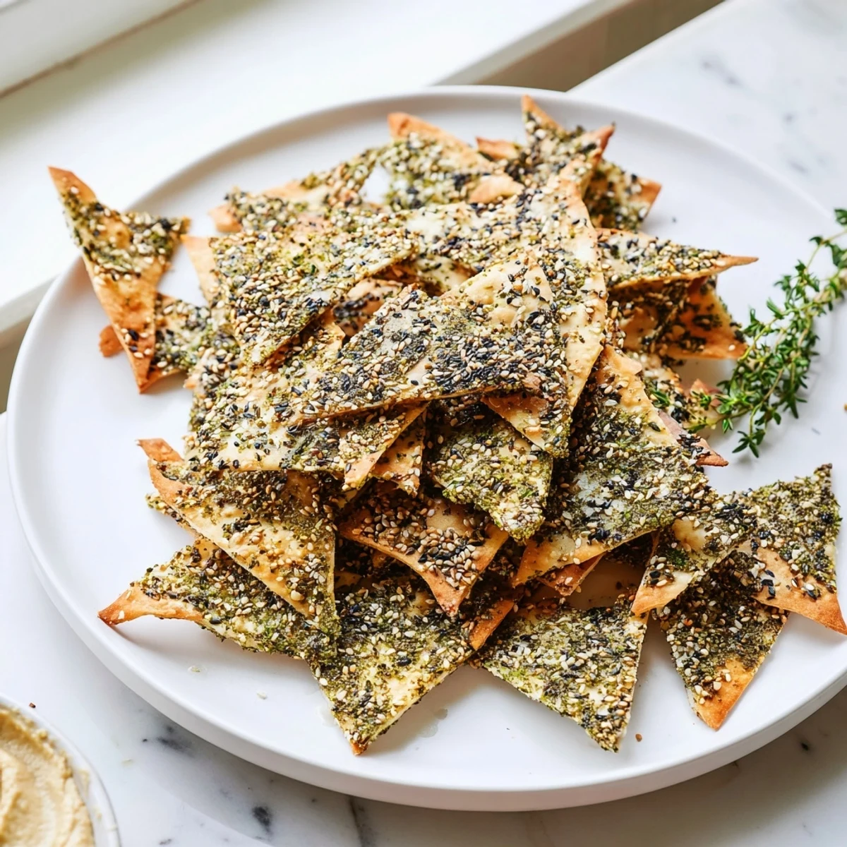 Golden crispy zaatar pita chips sprinkled with fragrant herbs on a rustic baking sheet
