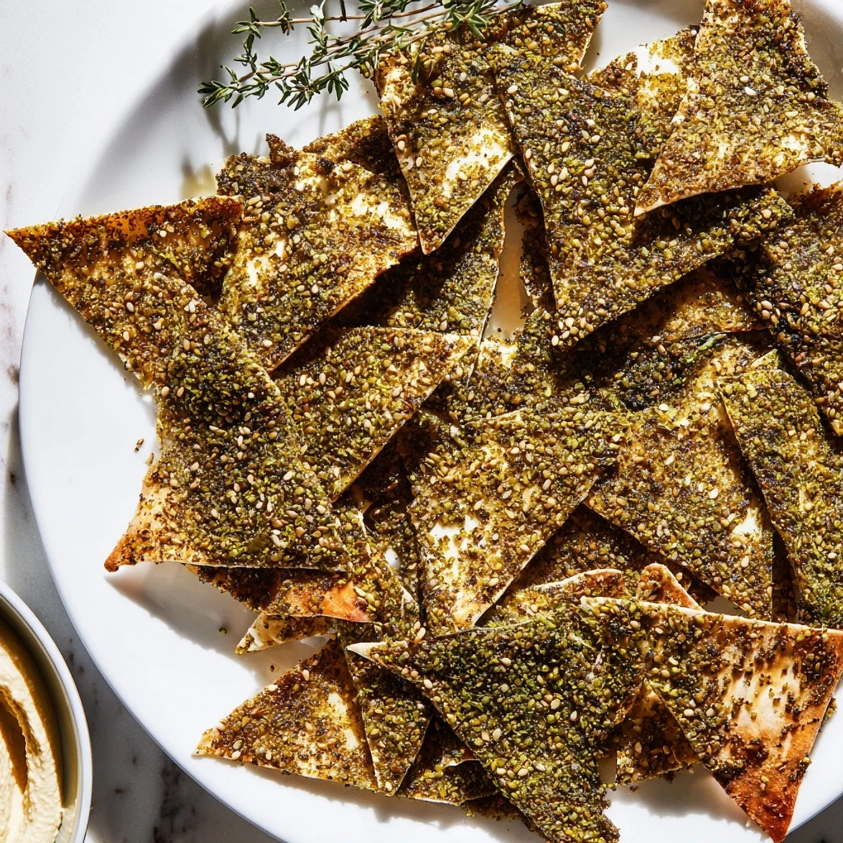 Warm zaatar pita chips arranged around a creamy bowl of fresh hummus dip