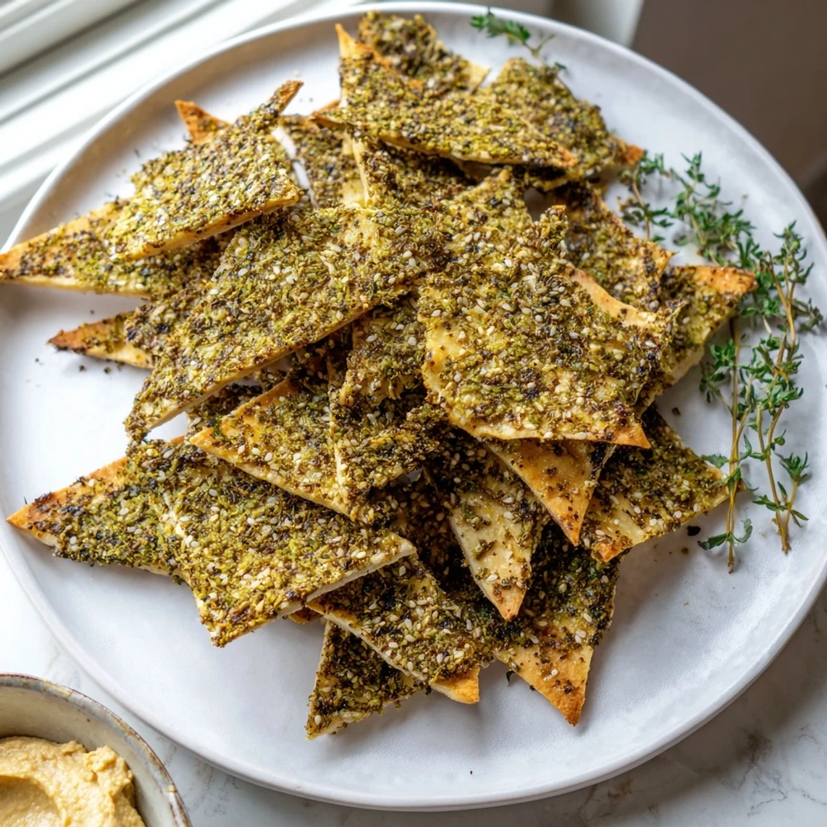 Crunchy baked zaatar pita chips seasoned with olive oil and aromatic Middle Eastern spices