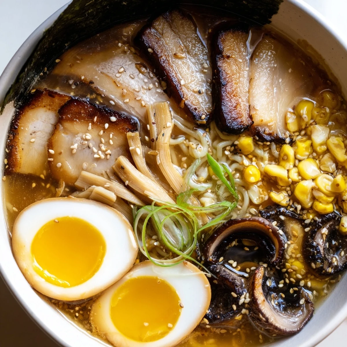 Steaming bowl of homemade ramen topped with soft-boiled eggs and sliced pork belly