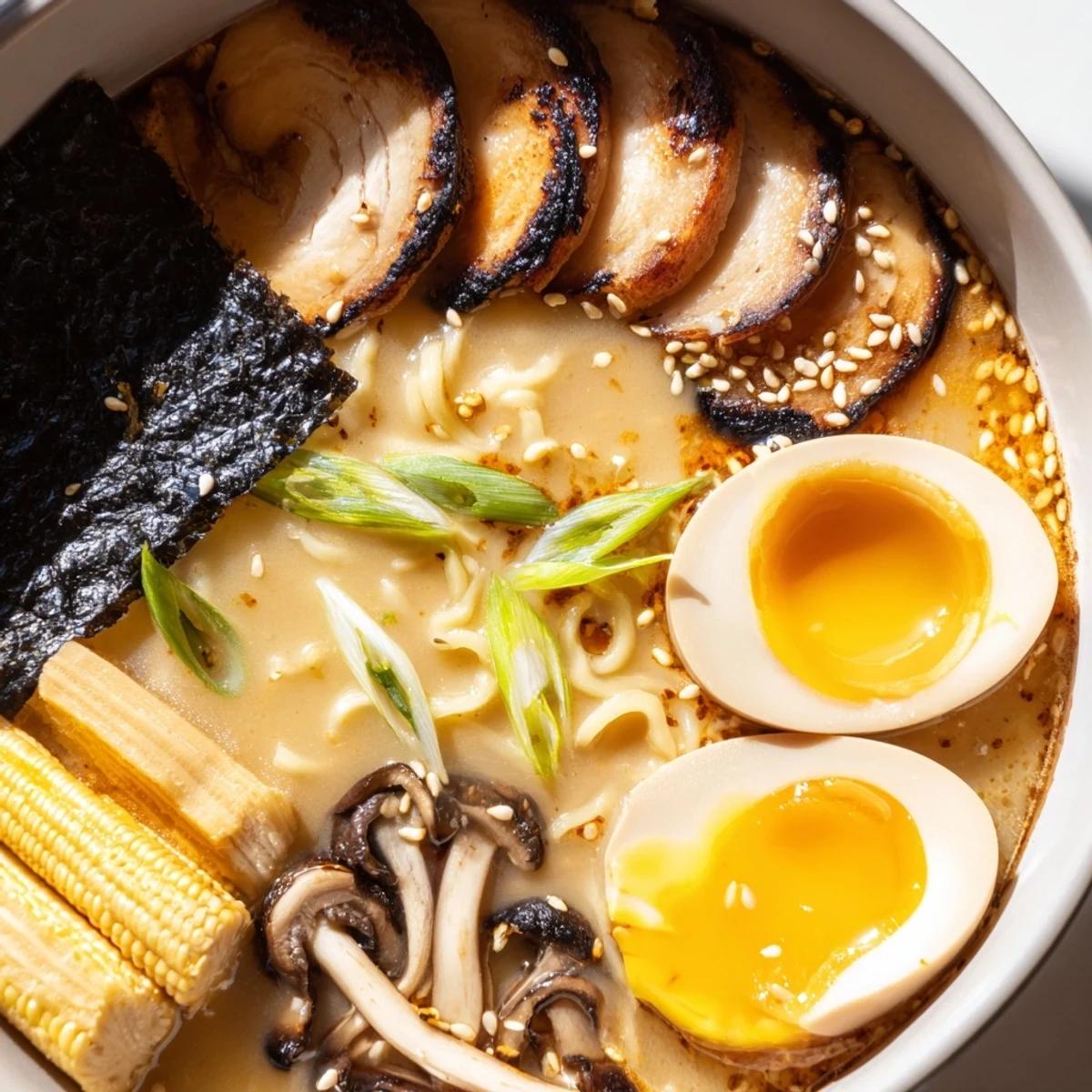 Rich miso ramen broth with tender noodles, mushrooms, and fresh green onions