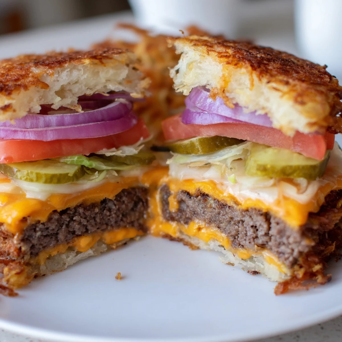Golden hash brown smash burgers stacked with pickles lettuce and melted cheese
