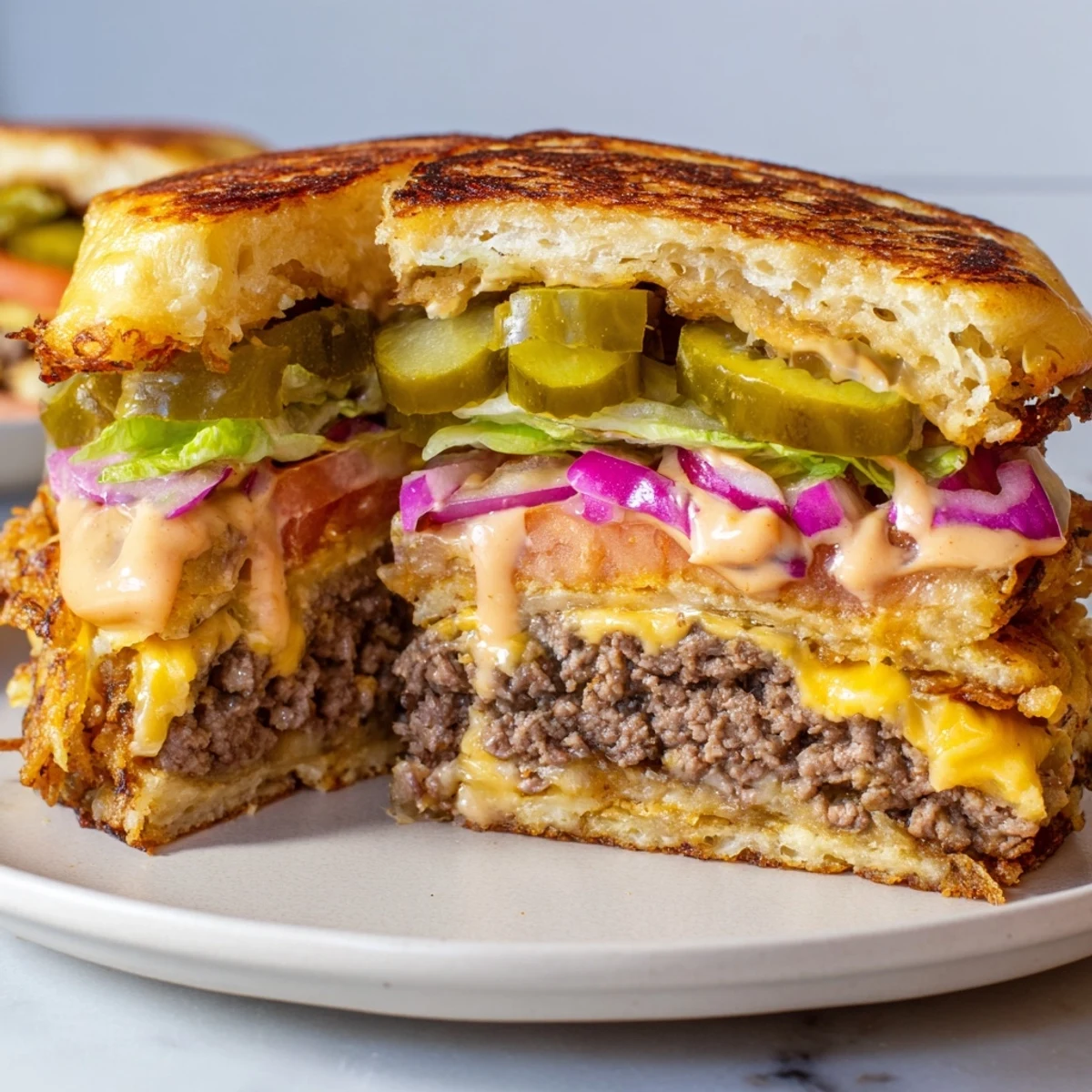 Crispy hash brown smash burgers with melty cheddar on a toasted sesame bun