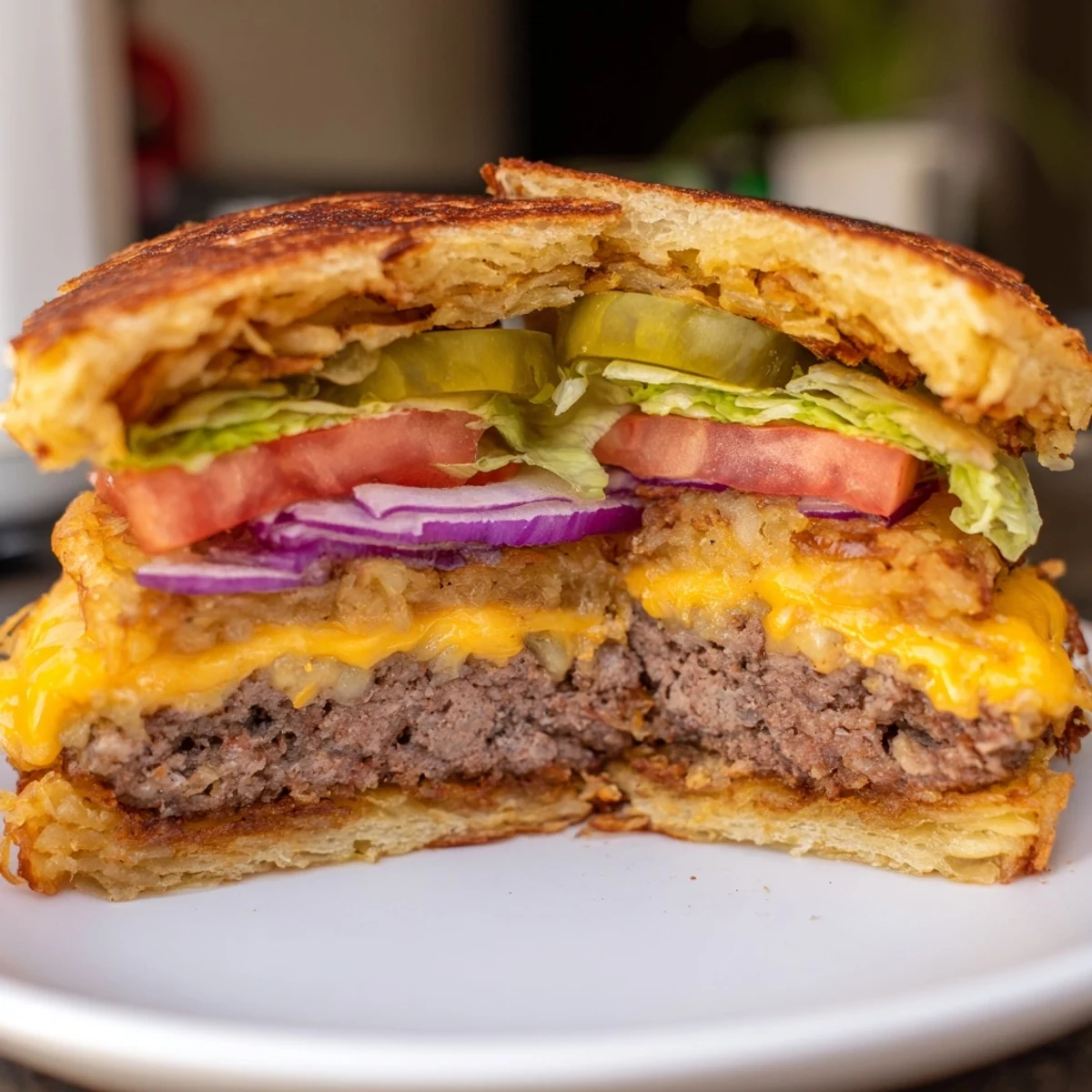 Close-up of crispy hash brown smash burgers dripping with burger sauce and toppings
