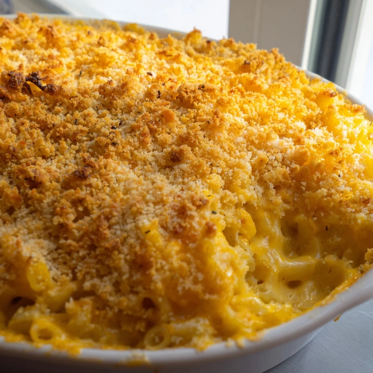 Creamy macaroni cheese with a golden breadcrumb topping served in a baking dish
