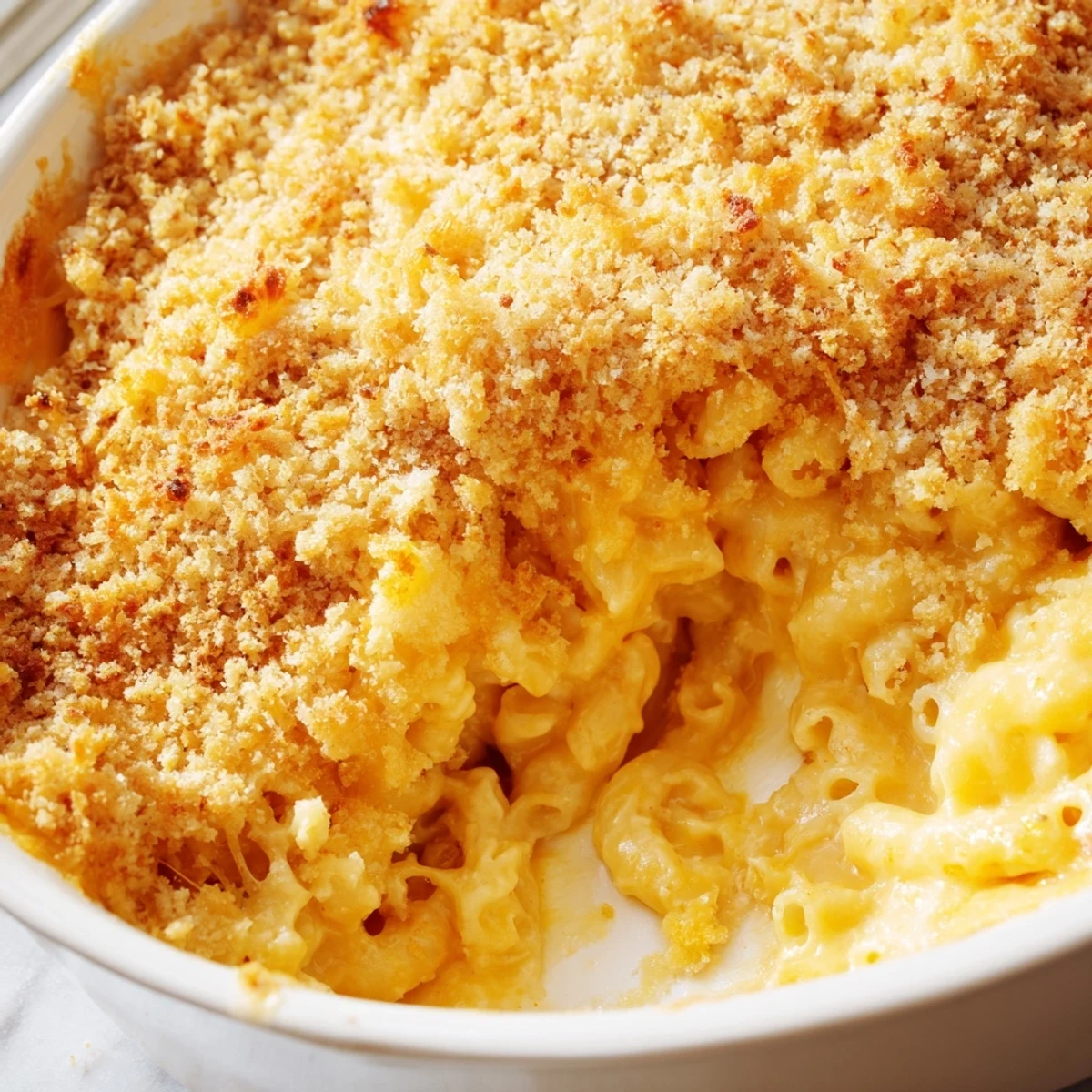 Velvety macaroni cheese scooped onto a plate with stretchy cheese sauce visible