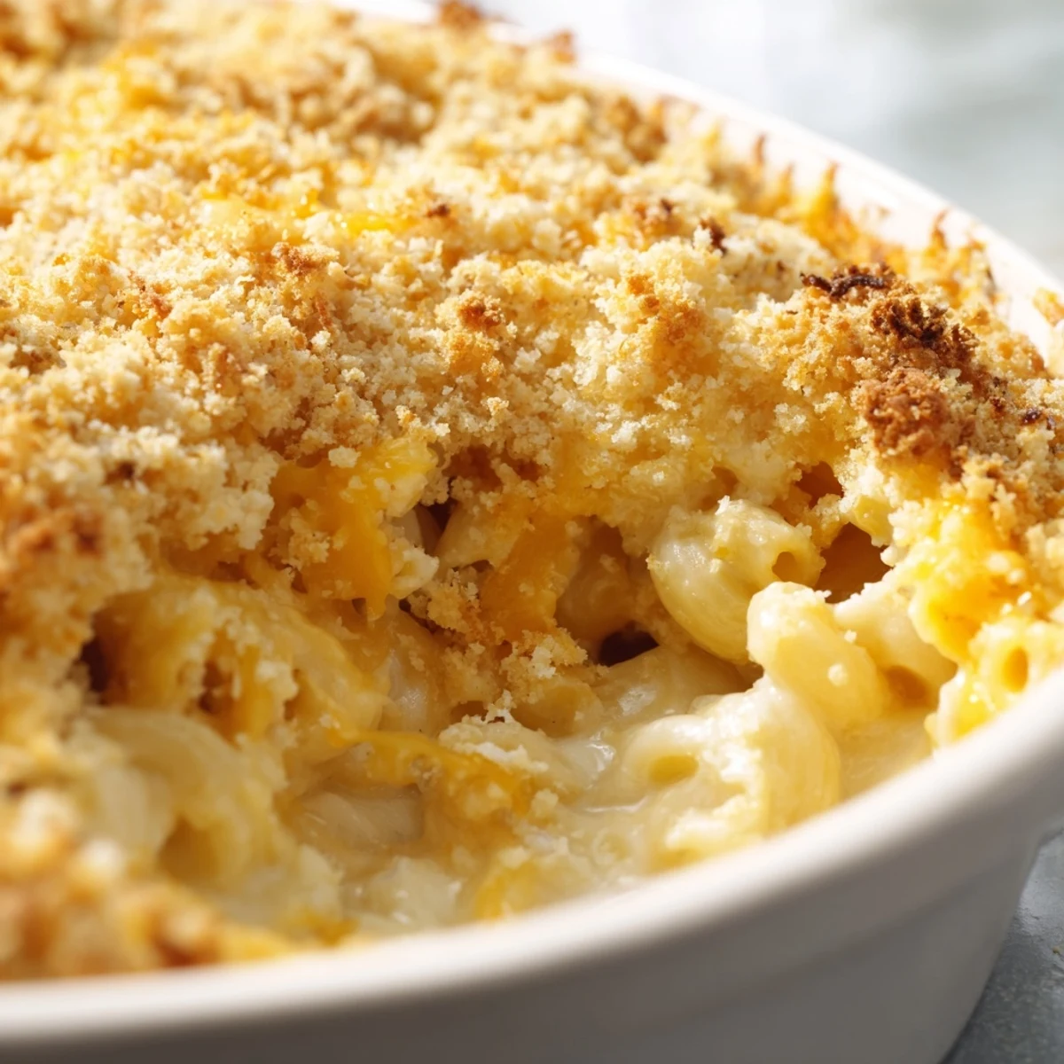Bubbling baked macaroni cheese with melted cheddar and a crispy crust close-up