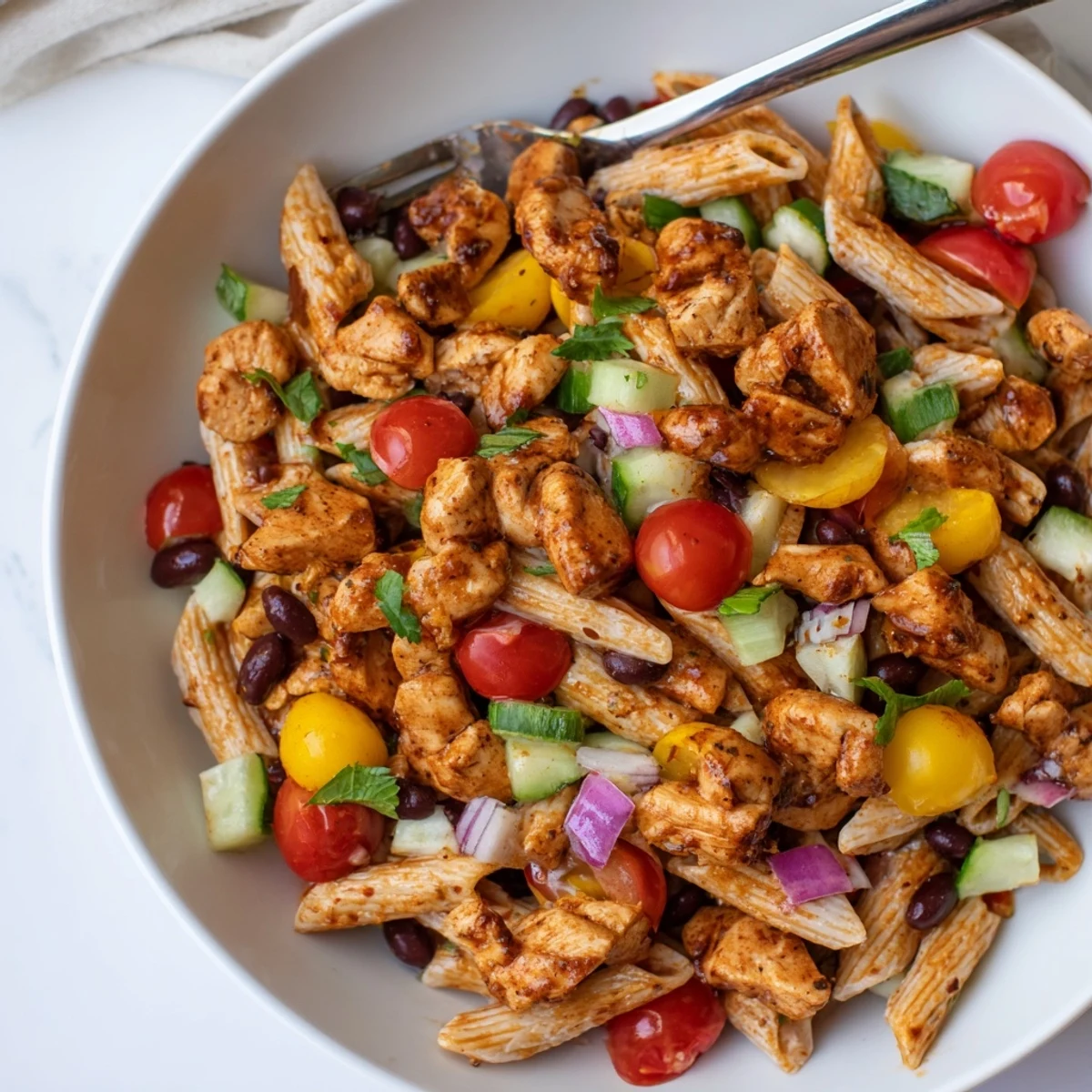Colorful BBQ chicken pasta salad loaded with tender smoked chicken and crisp vegetables in a creamy tangy dressing