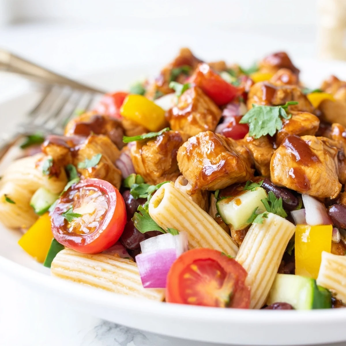 A close-up of high protein BBQ chicken pasta salad tossed with juicy tomatoes bell pepper and zesty yogurt drizzle