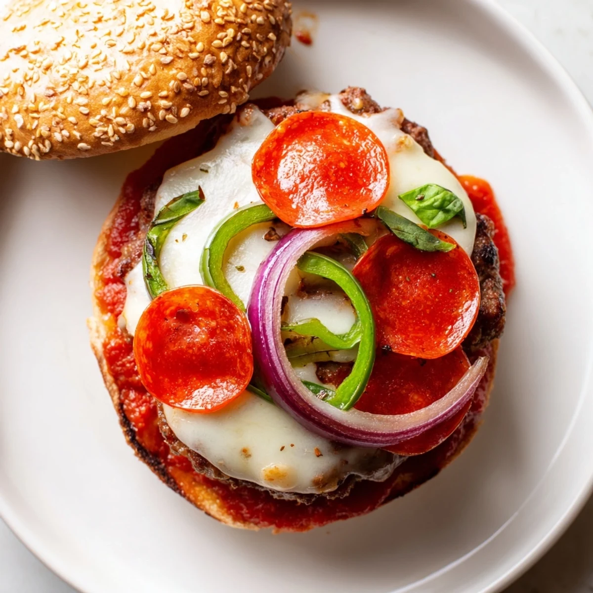 Crispy bell pepper and onion top these cheesy pizza burgers fresh off the broiler