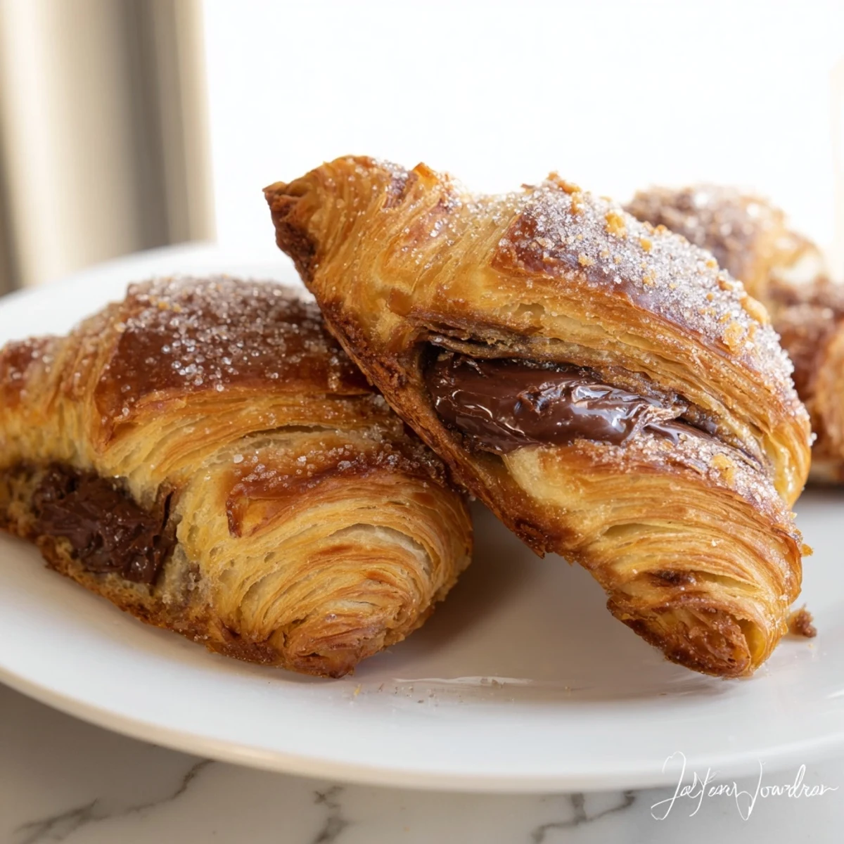 Golden chocolate croissant cookies with melted centers on a rustic baking sheet