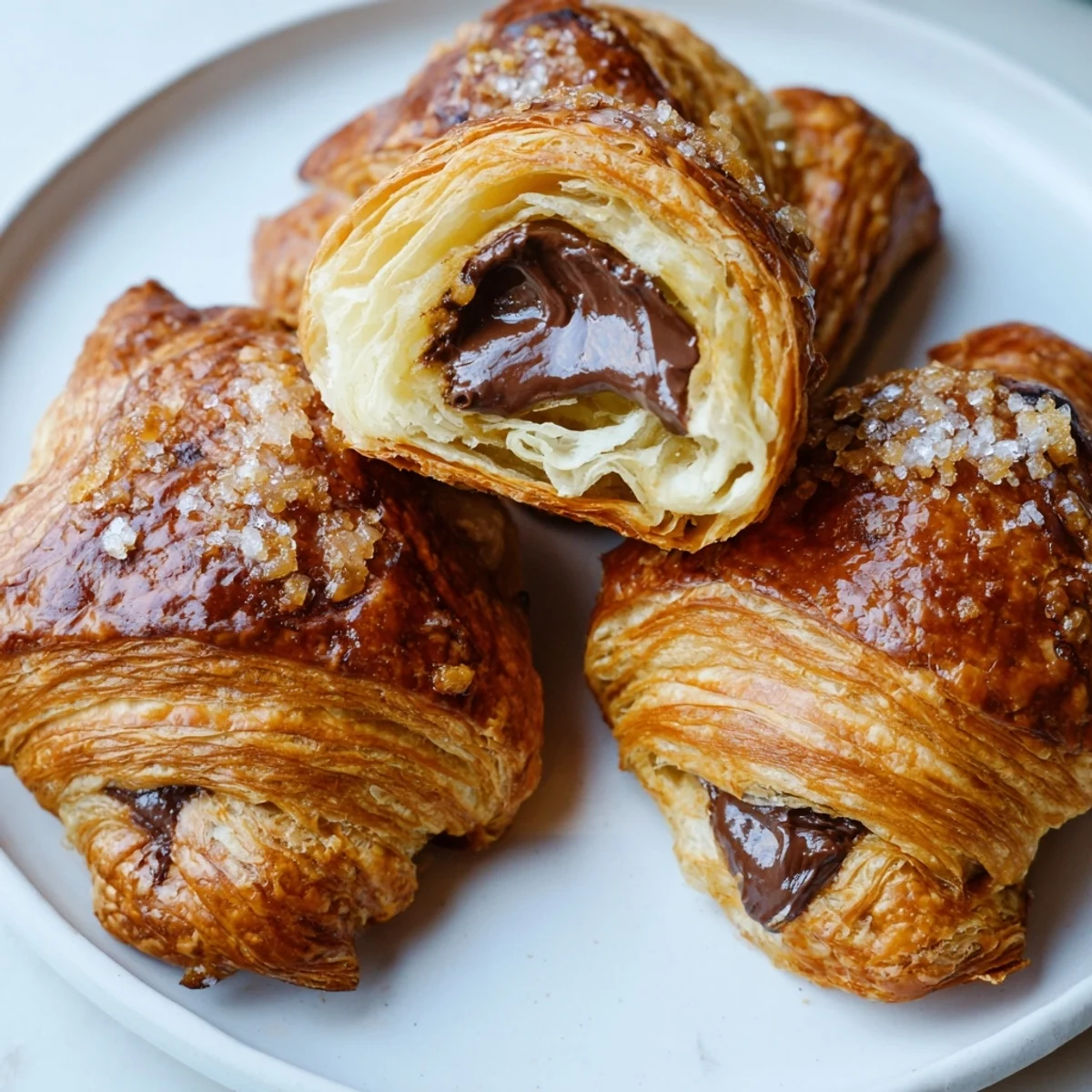 Flaky chocolate croissant cookies oozing rich filling arranged beside a steaming mug