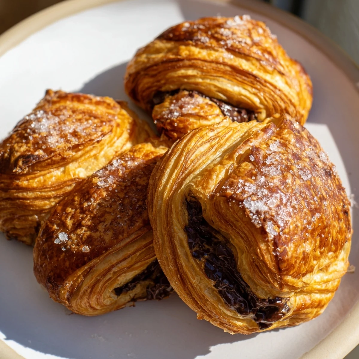 Chocolate croissant cookies dusted with sparkling sugar cooling on a wire rack