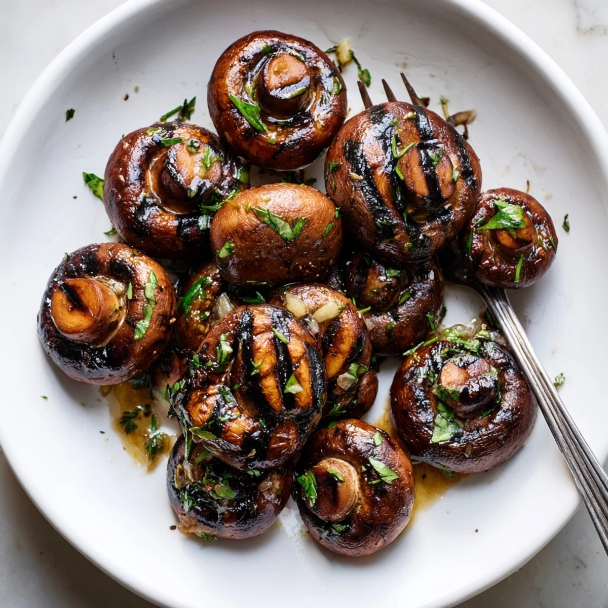 Juicy garlic butter grilled mushrooms with charred edges and fresh parsley garnish