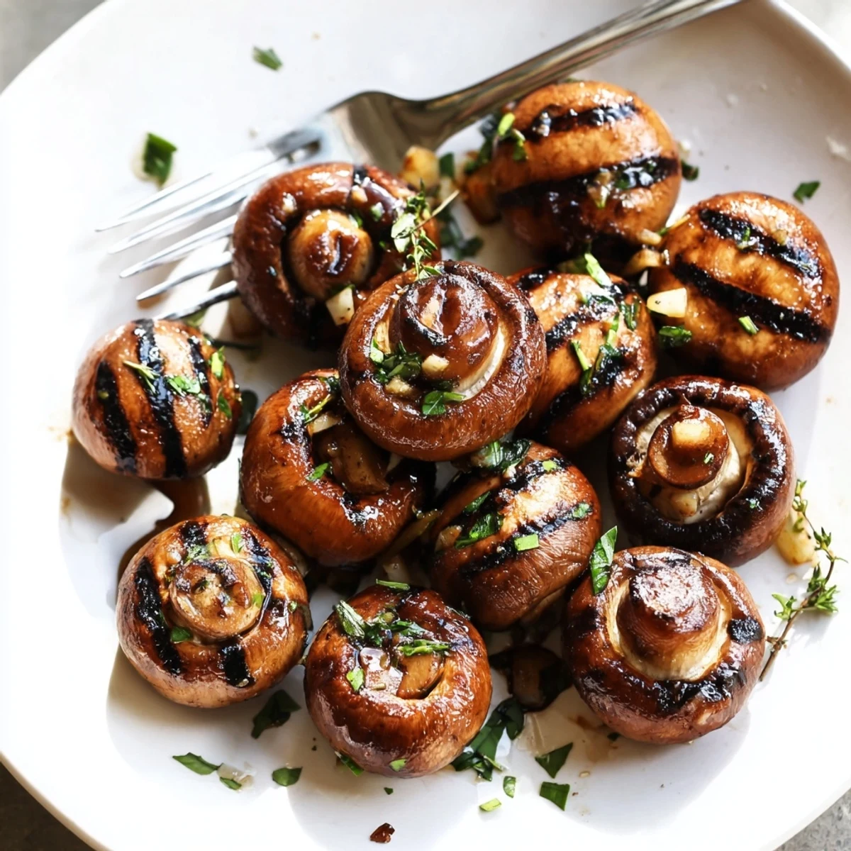 Golden grilled mushrooms coated in rich garlic butter herbs on a platter