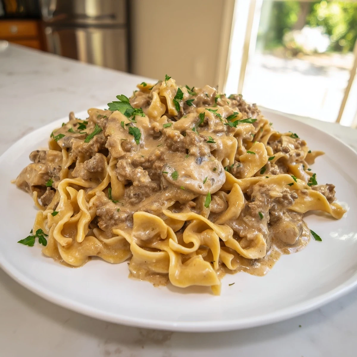 Creamy hamburger stroganoff with tender egg noodles in a rich, savory mushroom sauce