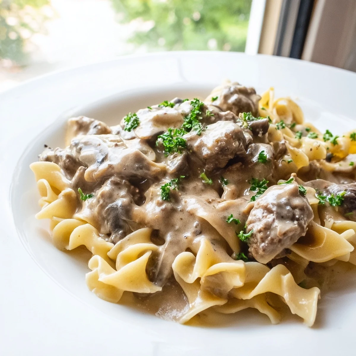 Hearty hamburger stroganoff topped with fresh parsley, served in a warm rustic bowl