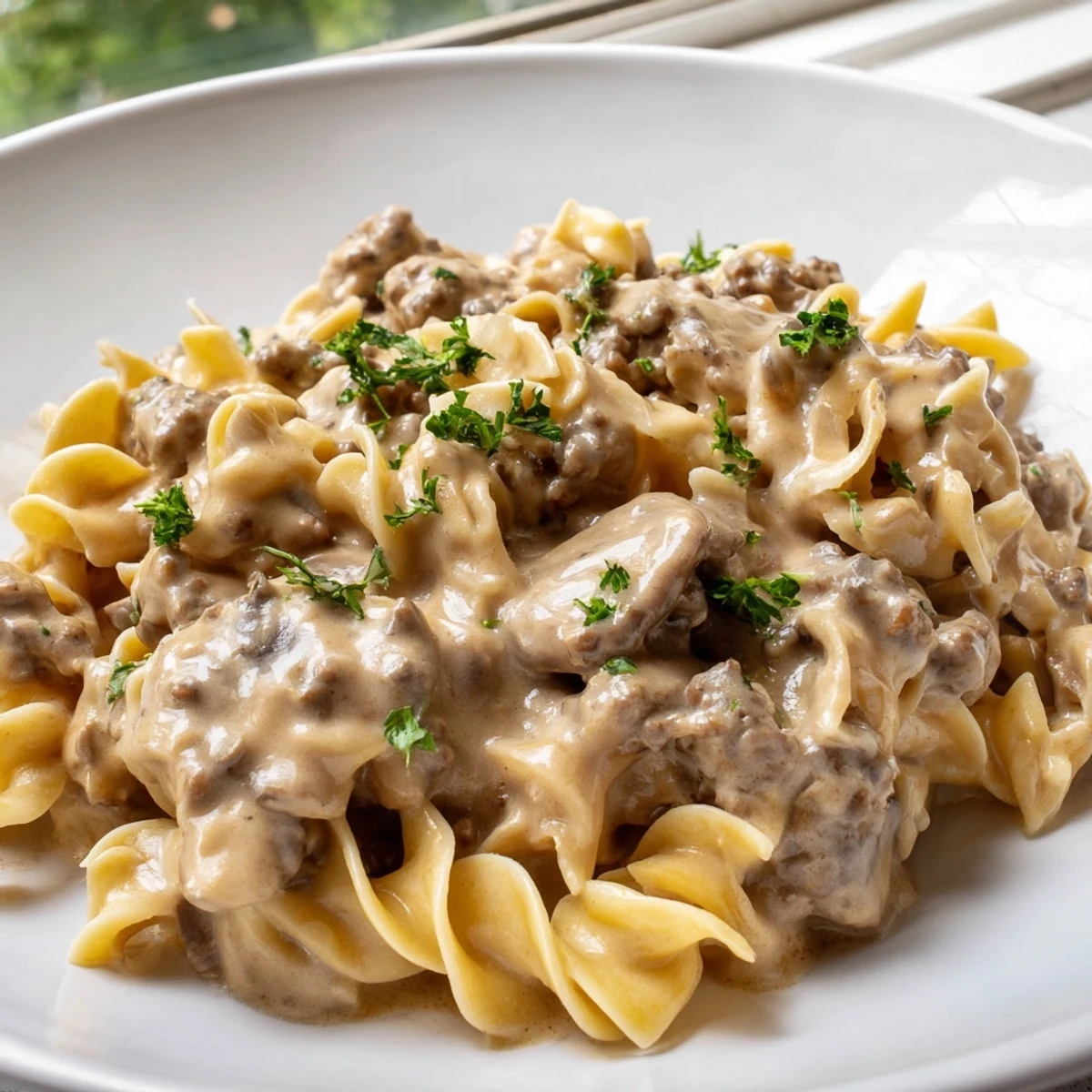 Golden brown ground beef and mushrooms coat wide egg noodles in this comforting hamburger stroganoff