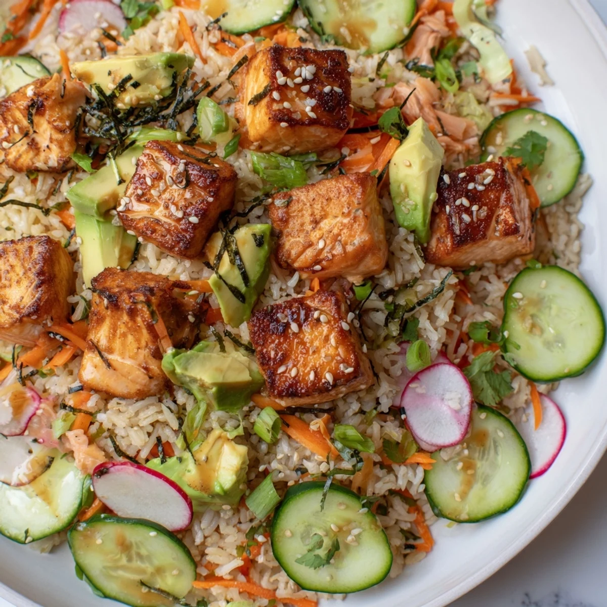 Golden crispy salmon rice salad drizzled with tangy ginger dressing on a platter