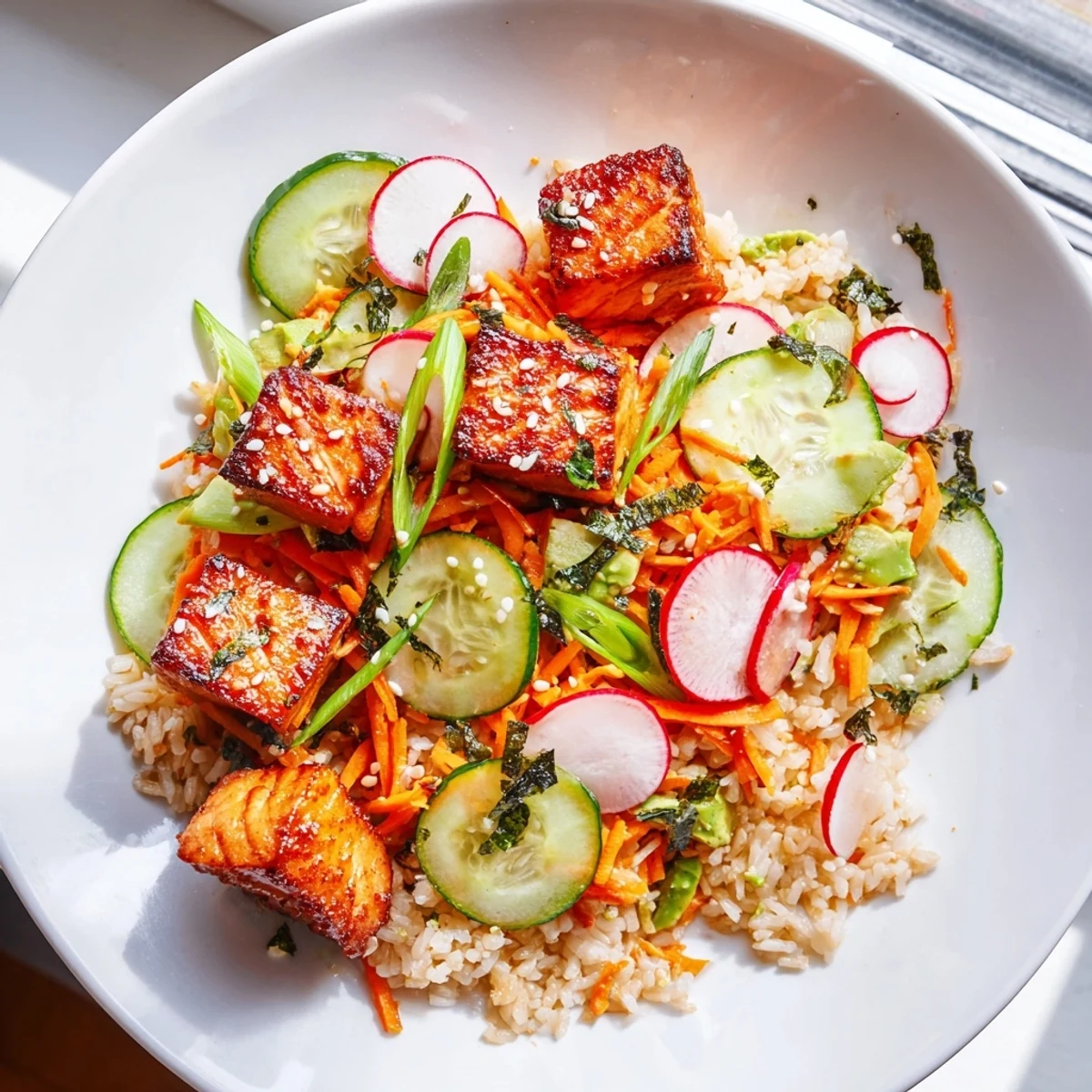 Crispy salmon rice salad with ginger dressing topped with fresh avocado slices