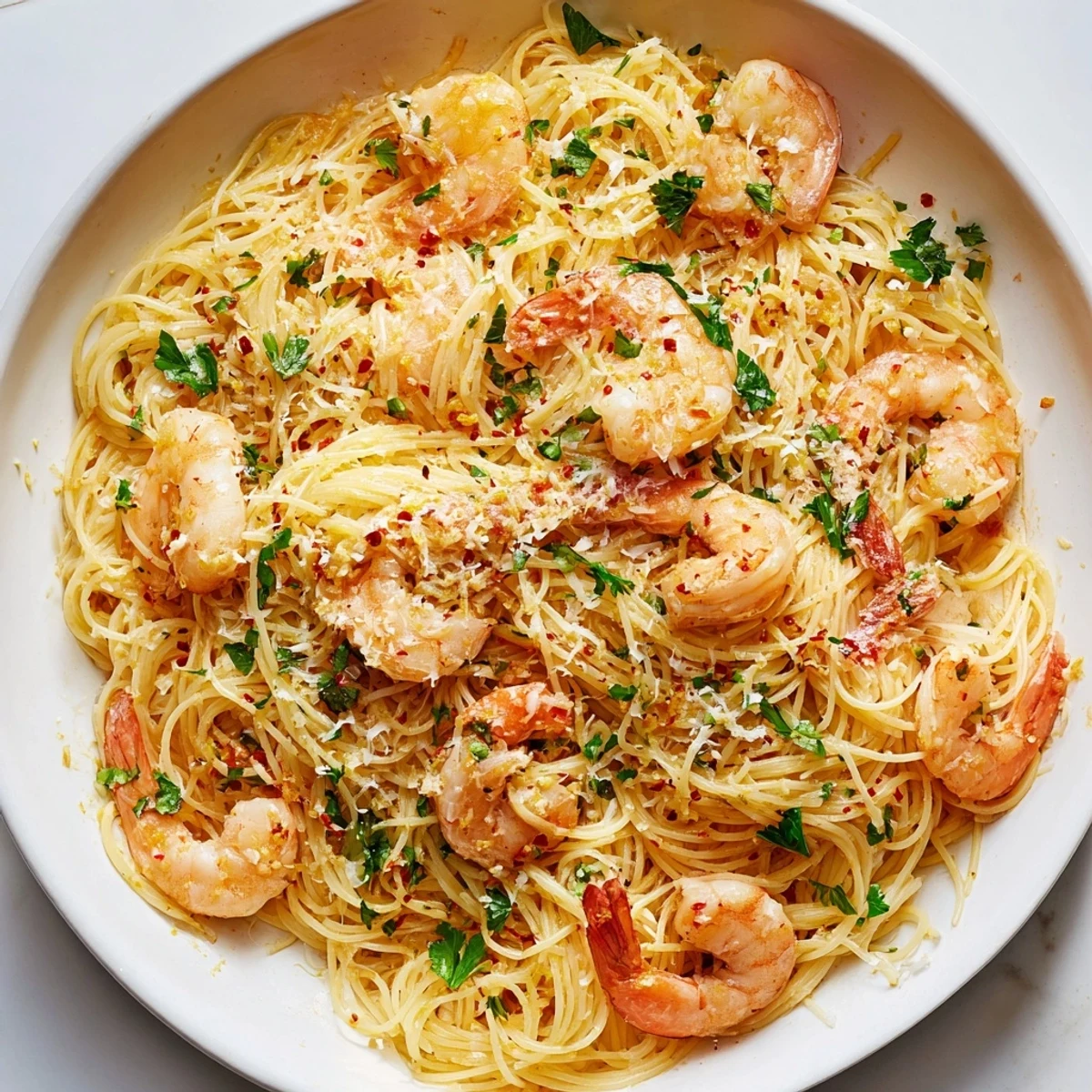 Garlic Butter Shrimp Angel Hair Pasta twirled on a fork with fresh parsley and lemon wedges nearby