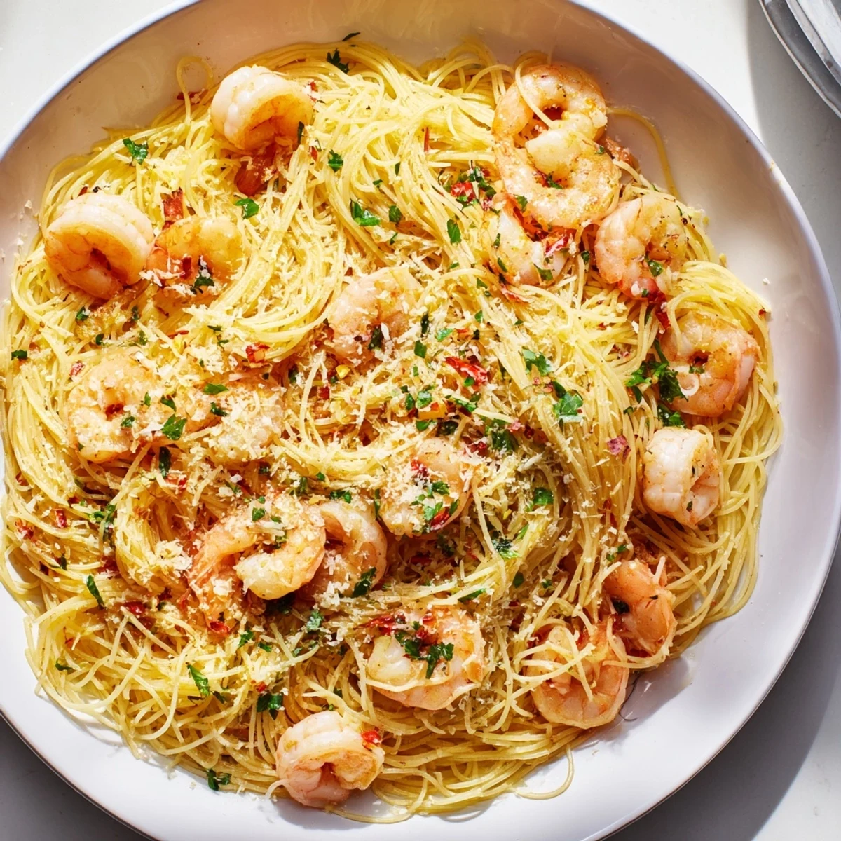 Golden pan-seared shrimp nestled atop delicate Garlic Butter Shrimp Angel Hair Pasta with Parmesan sprinkled generously