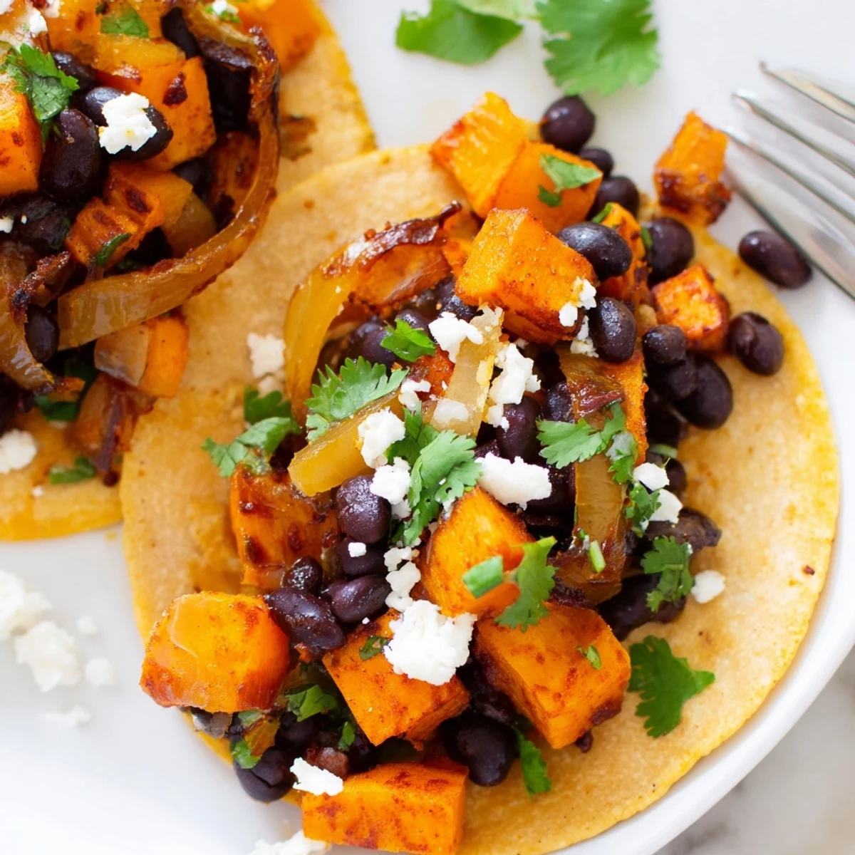 Crispy sweet potato bean tacos topped with golden sautéed onions and fresh cilantro on warm tortillas