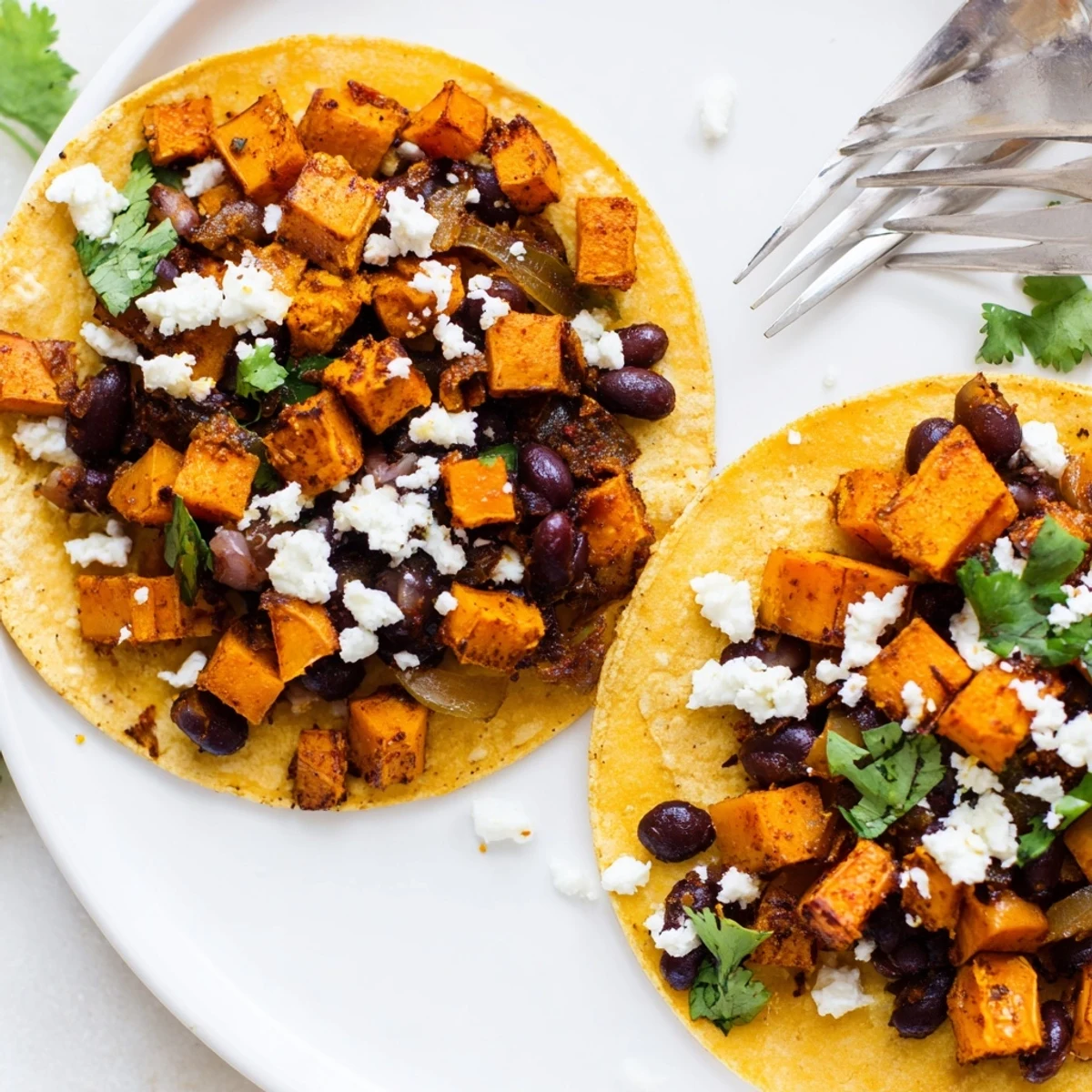 Warm corn tortillas loaded with roasted crispy sweet potato bean tacos and melted crumbled cheese