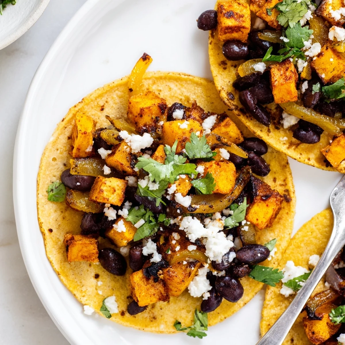 Golden caramelized onions and smoky crispy sweet potato bean tacos served with lime wedges and salsa