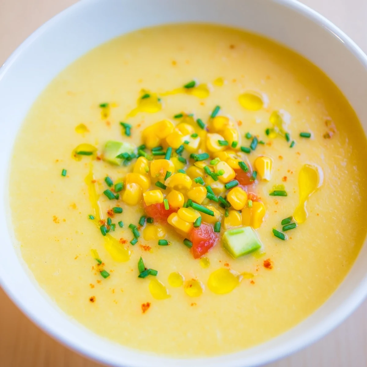 Golden sweet corn gazpacho served chilled in a bowl with avocado and fresh chives