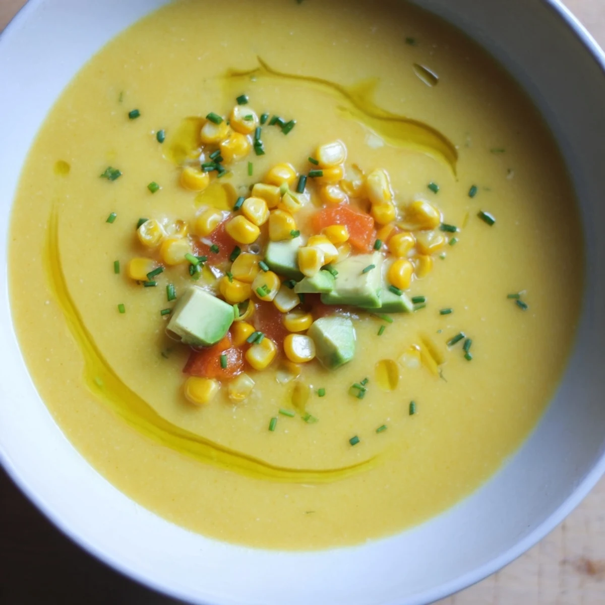 Bright yellow sweet corn gazpacho poured into a white bowl topped with cilantro