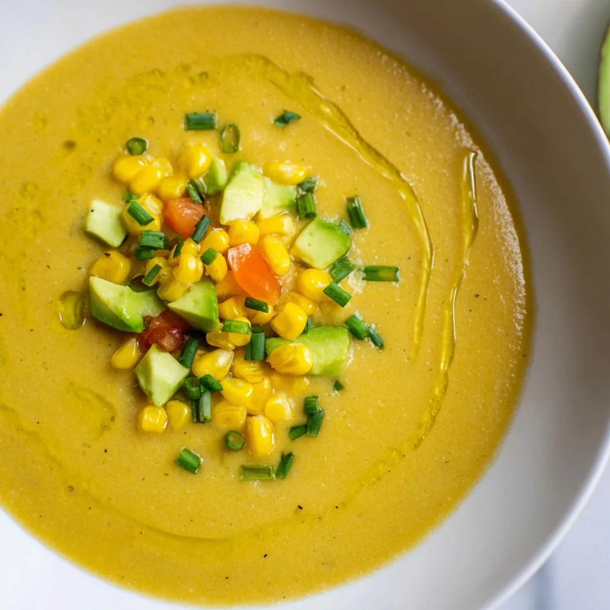 Creamy sweet corn gazpacho garnished with raw corn kernels and a drizzle of olive oil