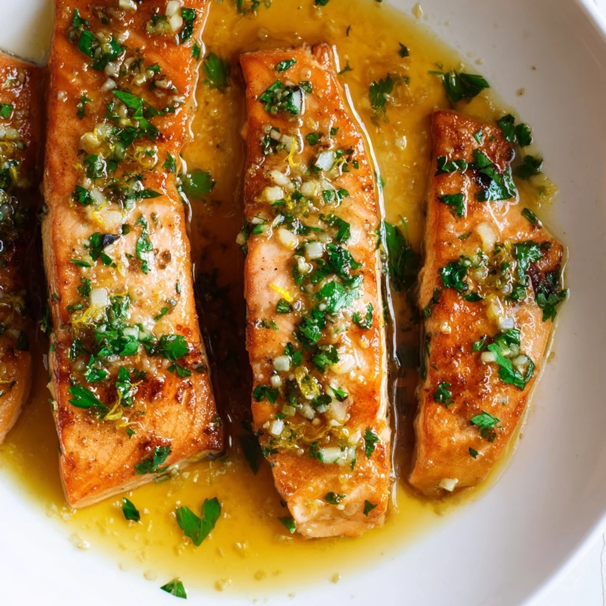 Golden pan-seared garlic butter salmon fillets drizzled with rich lemon herb sauce