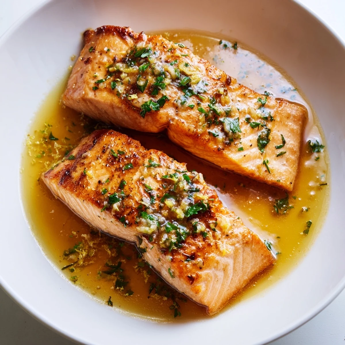 Crispy-skinned garlic butter salmon resting in a pool of melted aromatic butter