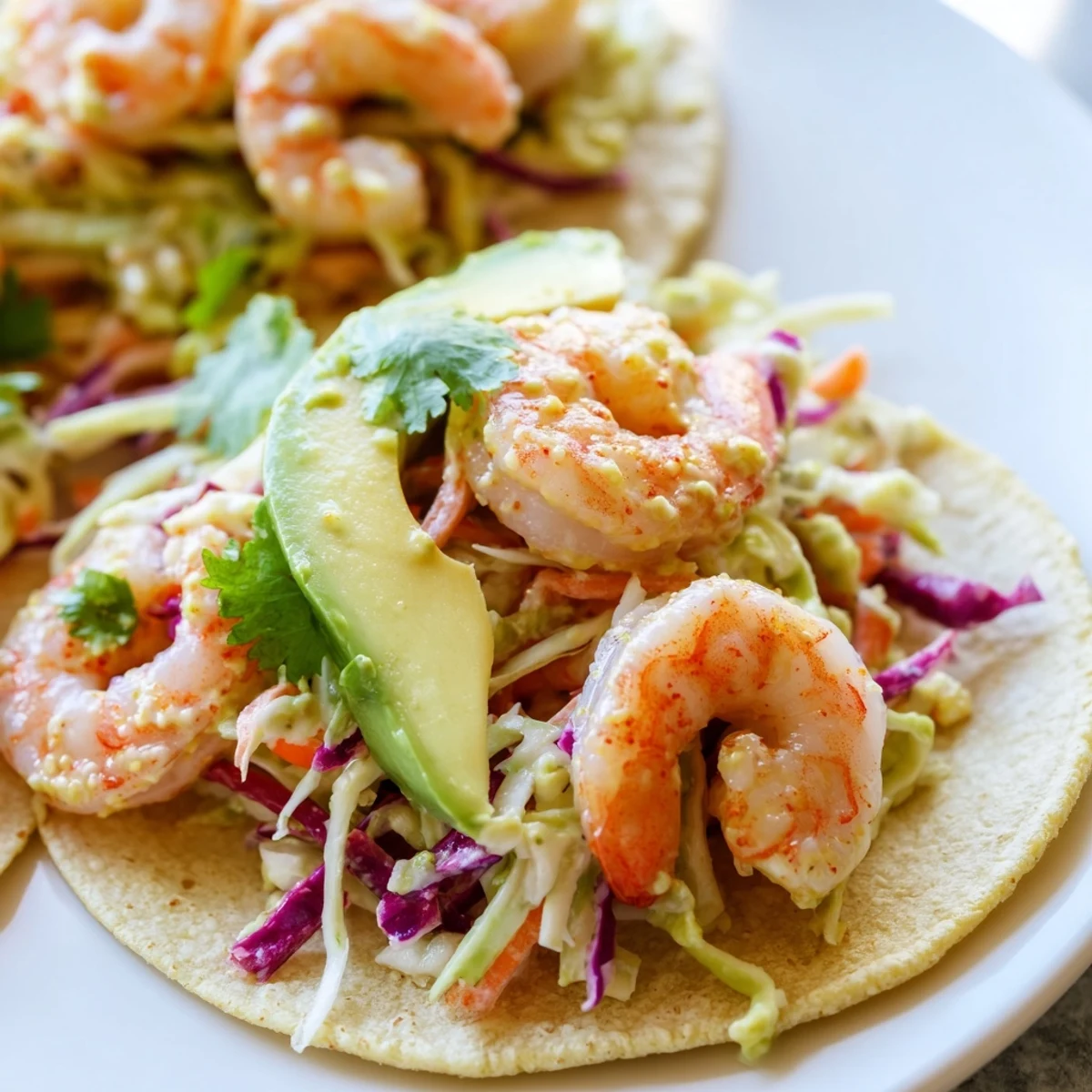 Golden spicy shrimp tacos with garlic cilantro lime slaw in warm corn tortillas