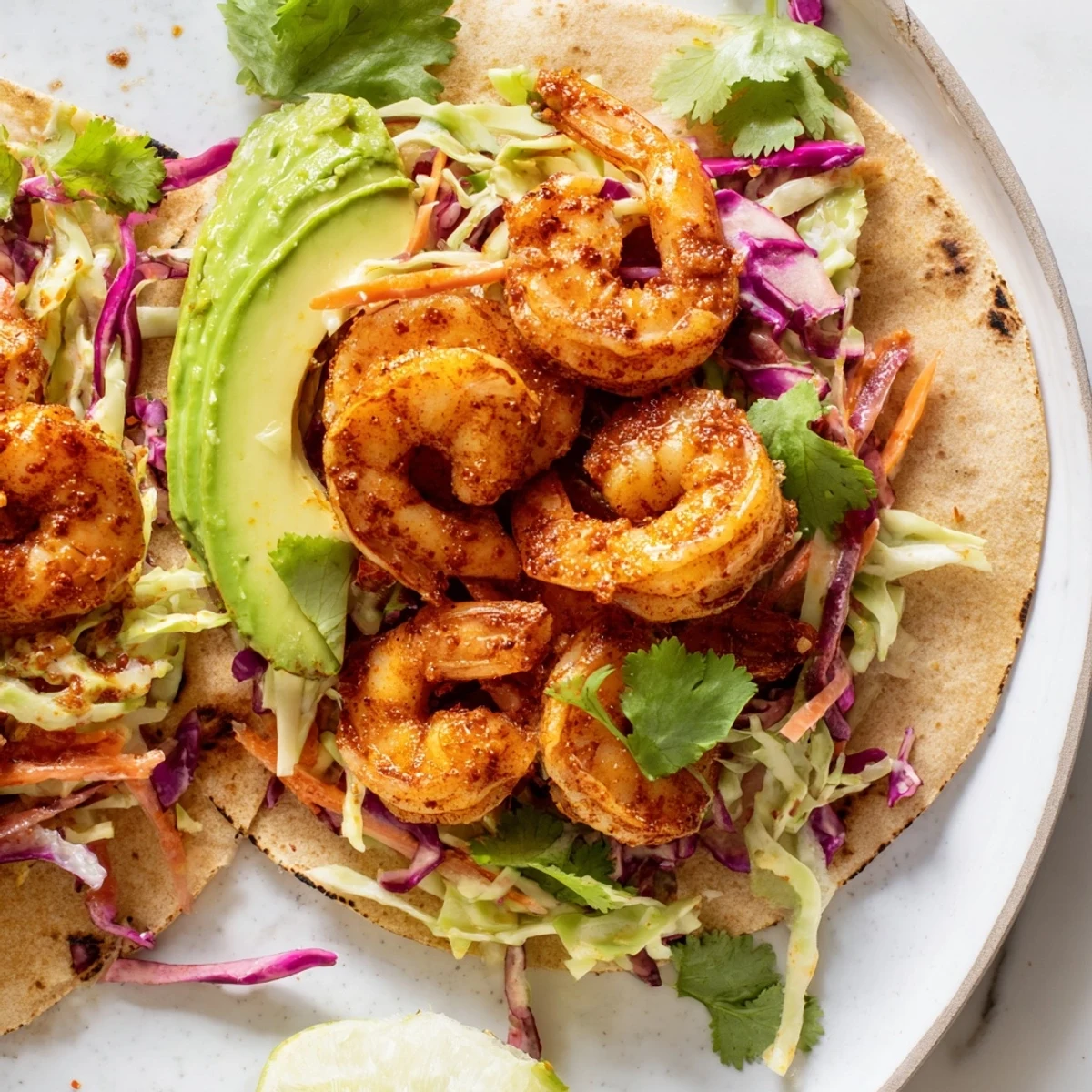 Spicy shrimp tacos topped with creamy garlic cilantro lime slaw and sliced avocado