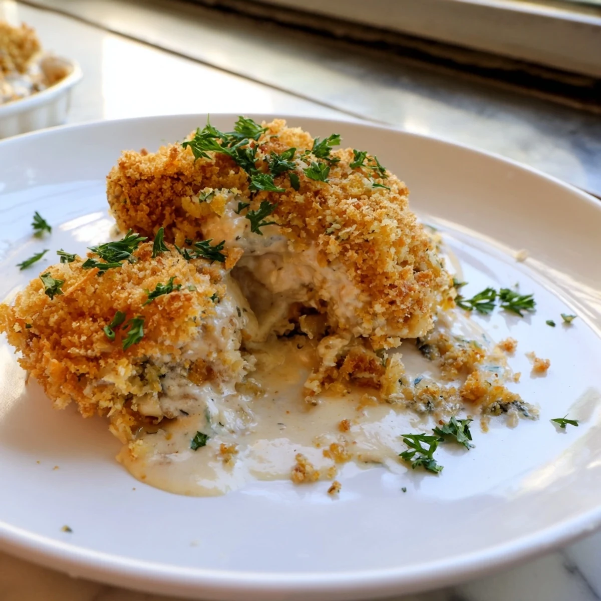 Golden crispy breadcrumb topping on this bubbling Chicken Kiev Casserole fresh from the oven.