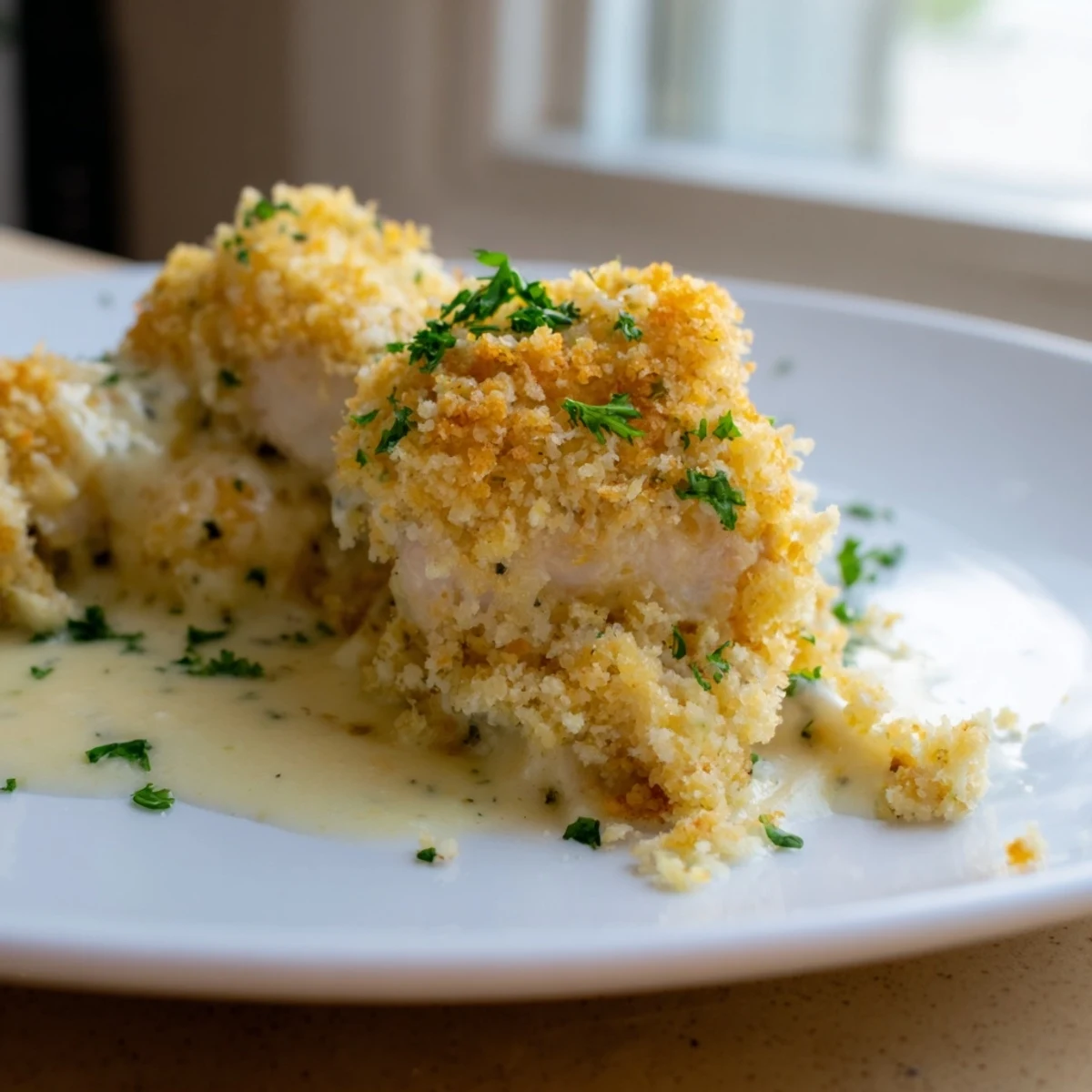Creamy garlic herb sauce drapes tender chicken pieces in this hearty Chicken Kiev Casserole.