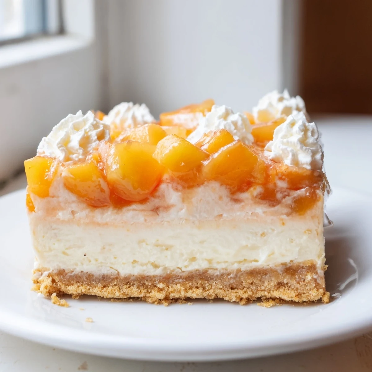Creamy peaches and cream cheesecake bars sliced on a rustic wooden cutting board