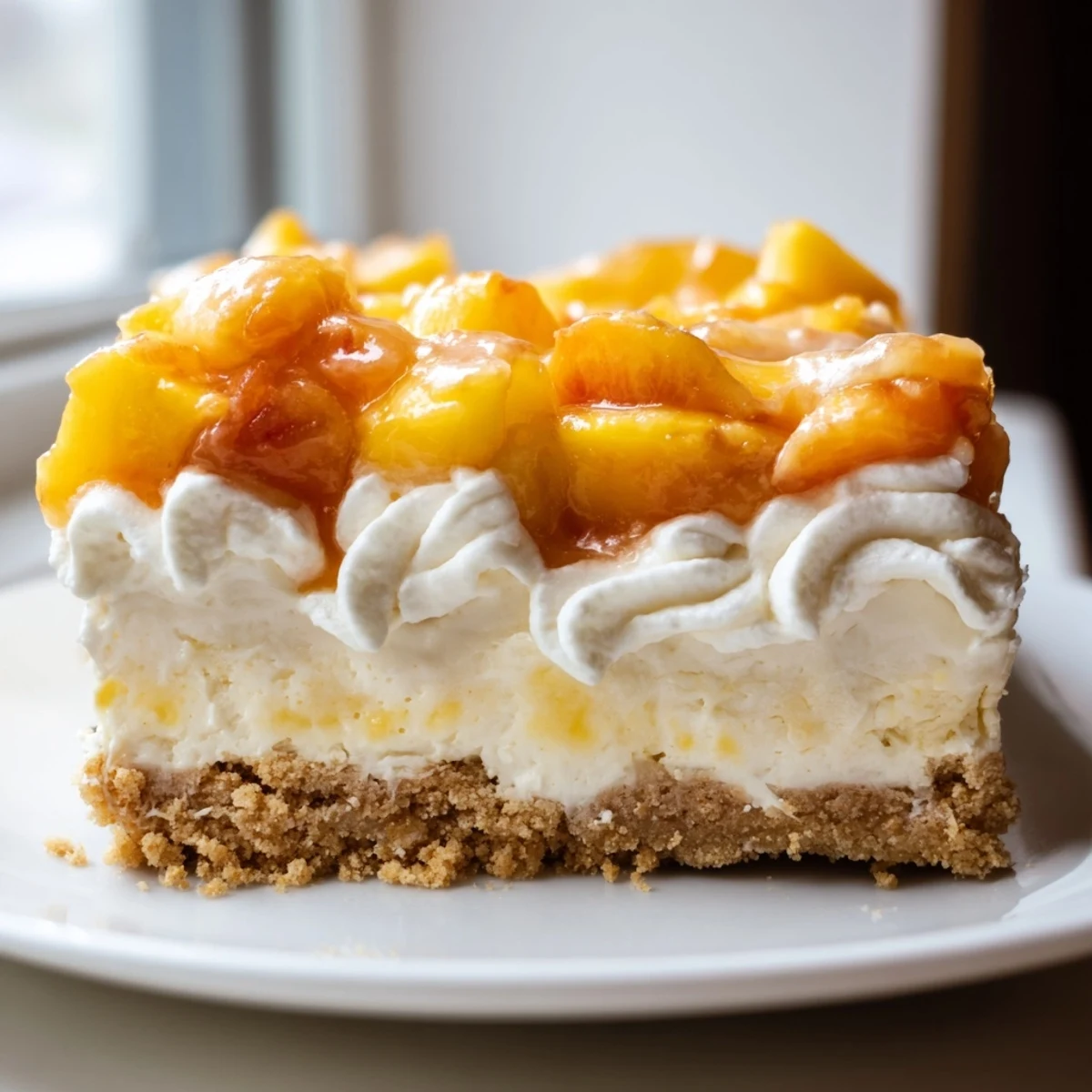 Juicy peach chunks crown silky peaches and cream cheesecake bars chilled to perfection