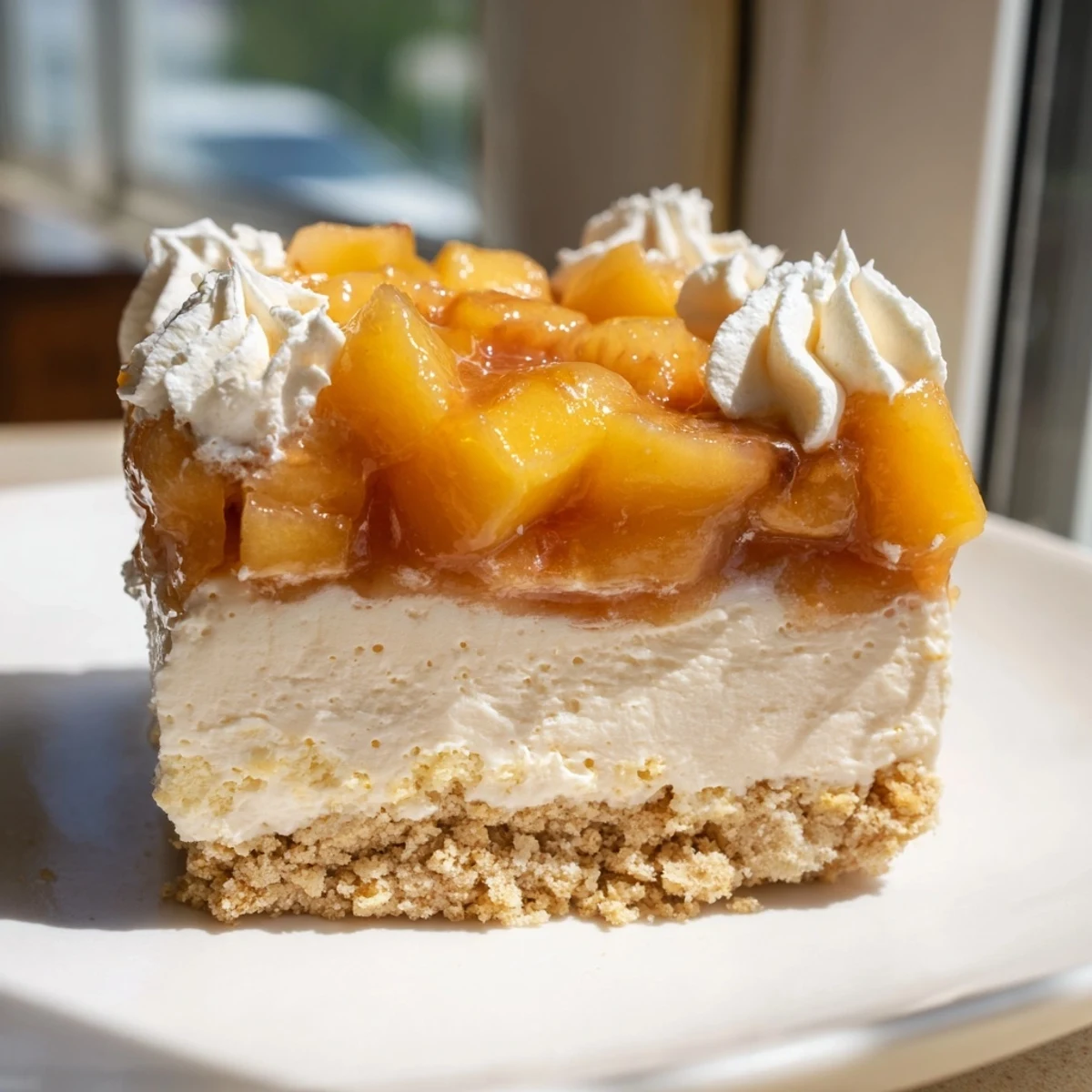 Golden graham crust peeking beneath lush peaches and cream cheesecake bars topped with whipped drizzle
