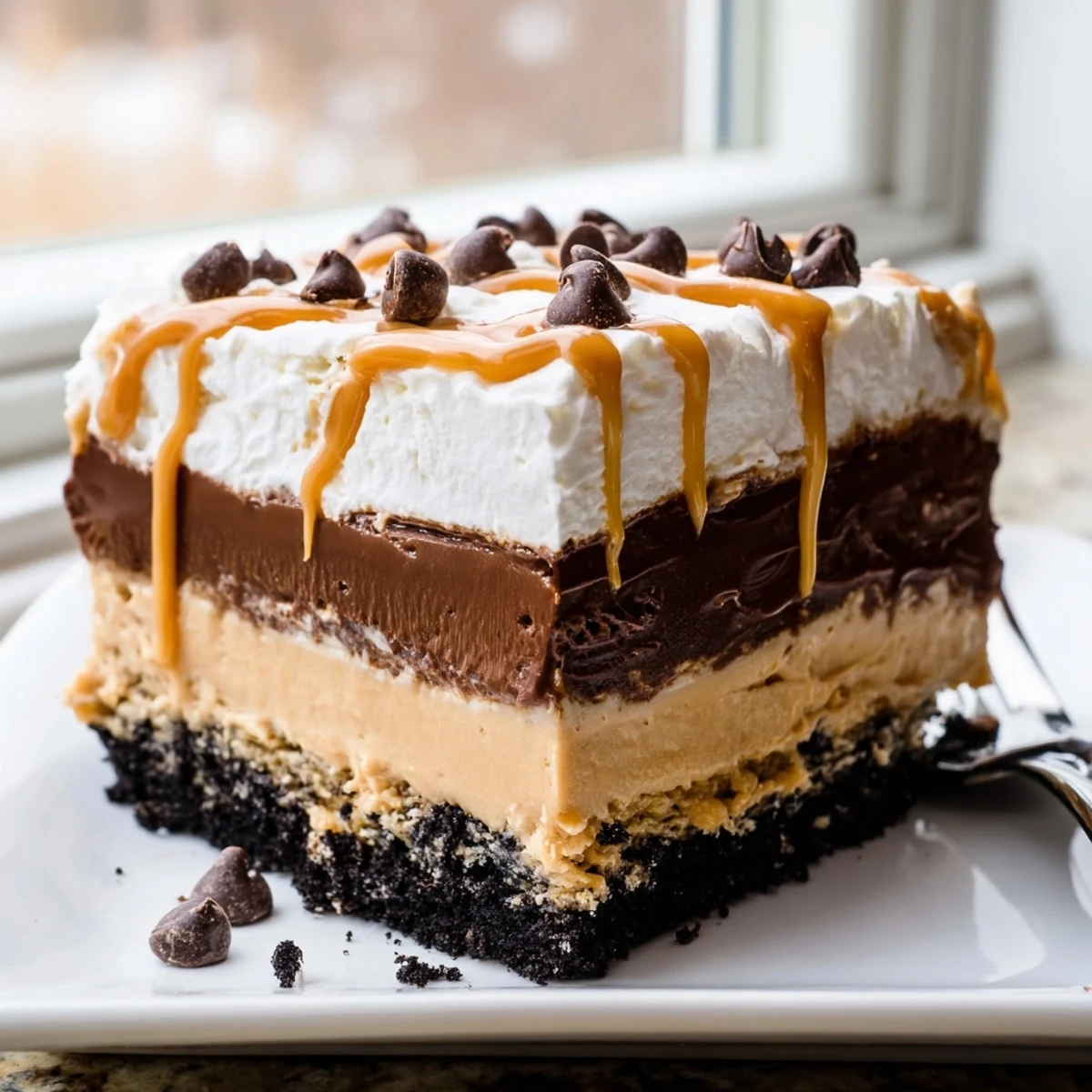 Creamy peanut butter layered delight with rich chocolate pudding and whipped topping