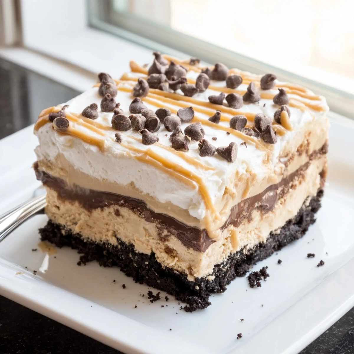 Decadent peanut butter layered delight drizzled with melted peanut butter and chocolate shavings