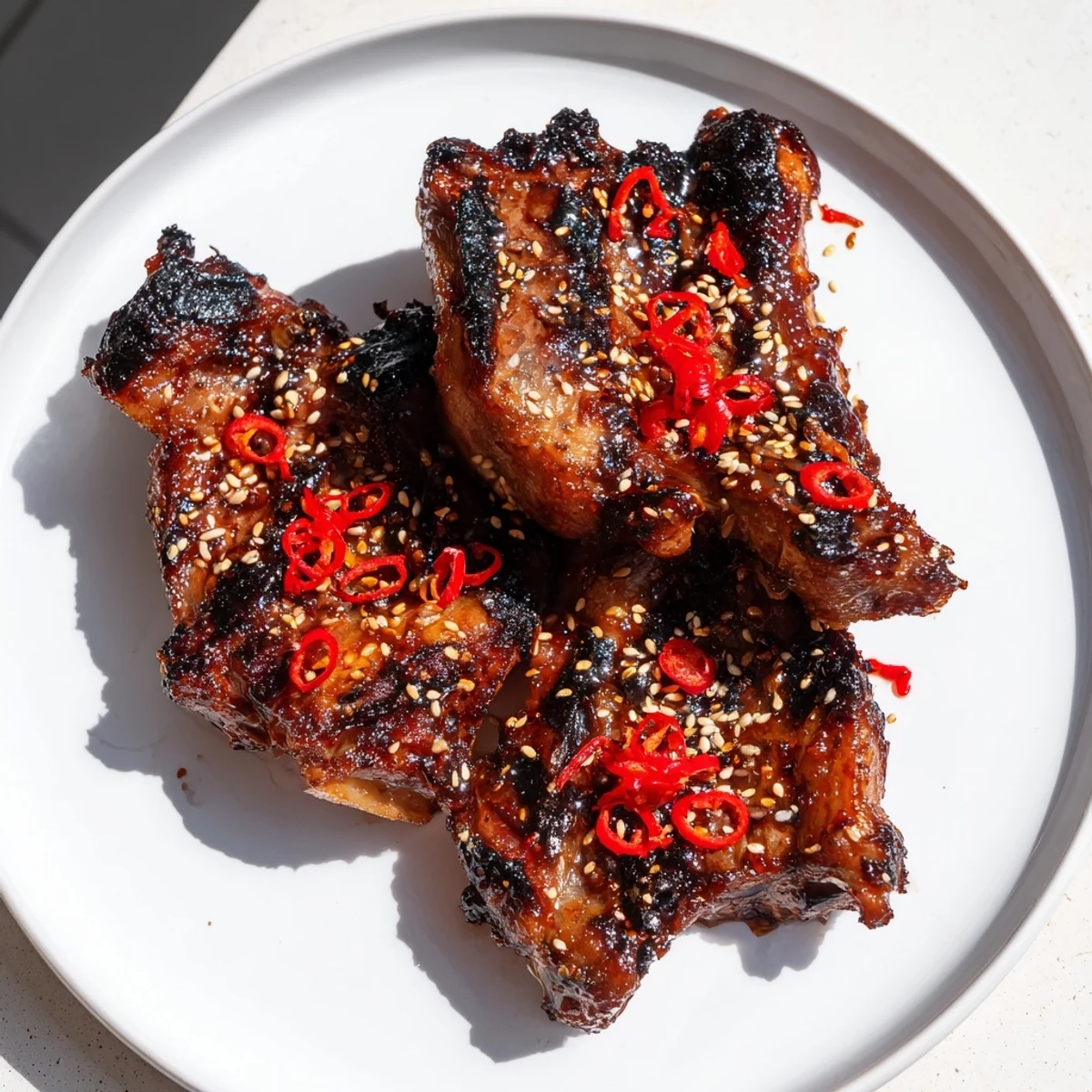Juicy Korean BBQ lamb ribs glistening with caramelized glaze and bright yuzu citrus on a rustic platter