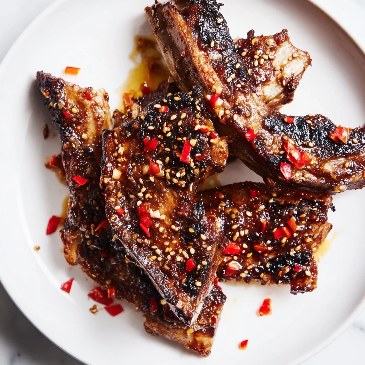 Tender grilled Korean BBQ lamb ribs with charred edges topped with sesame seeds and sliced spring onions