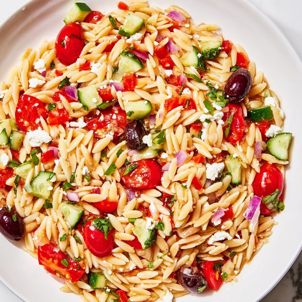 Colorful Mediterranean orzo pasta salad in a bowl with juicy tomatoes and feta