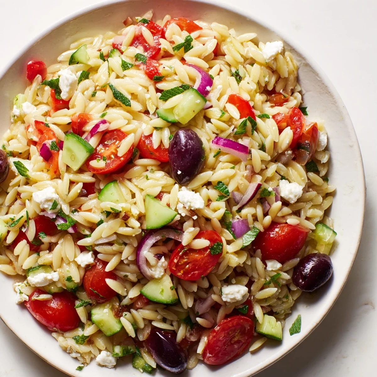 Mediterranean orzo pasta salad topped with crumbled feta and fresh herbs on a rustic table